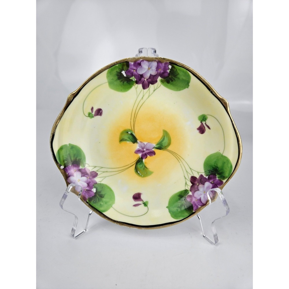 Antique Nippon E-OH Hand Painted Violet Dishes Pair Yellow Gold Rim 1891-1921 - Picture 6 of 9